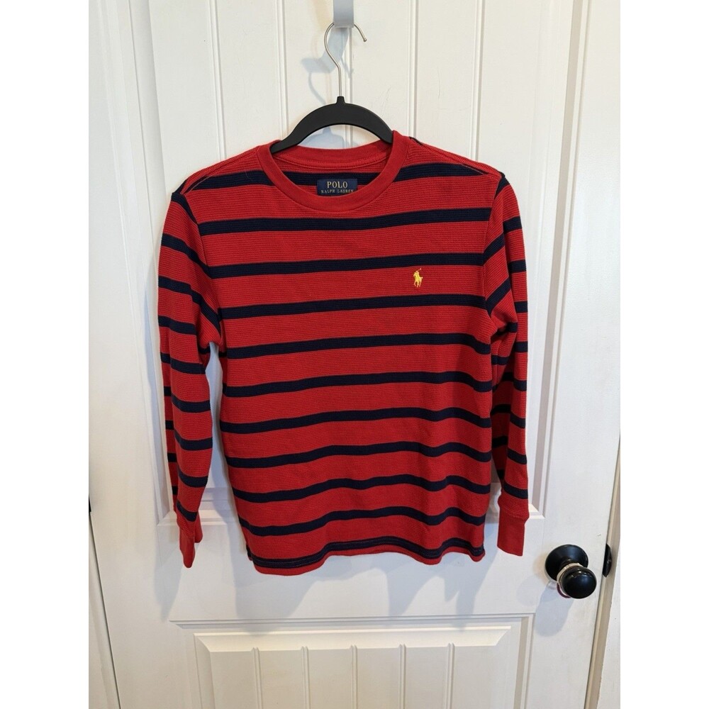 Polo Ralph Lauren Boys L 14-16 Thermal Shirt Red Navy Stripe Waffle Knit Cotton